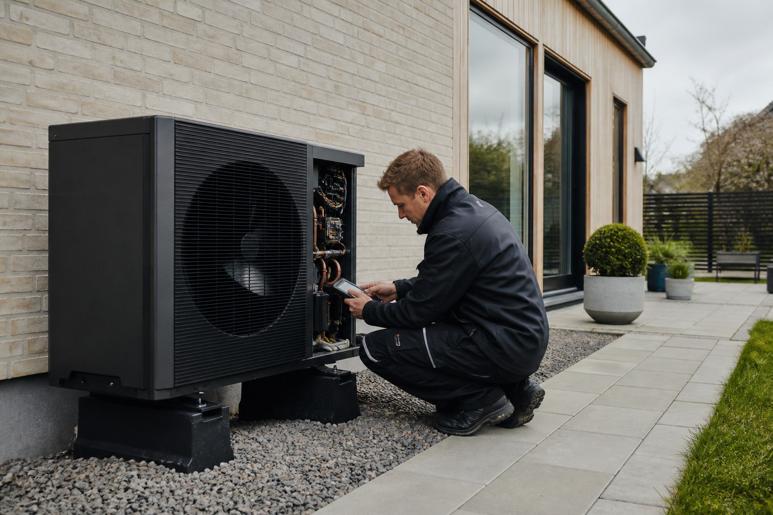 Tekniker servicerer en varmepumpe ved en moderne bolig