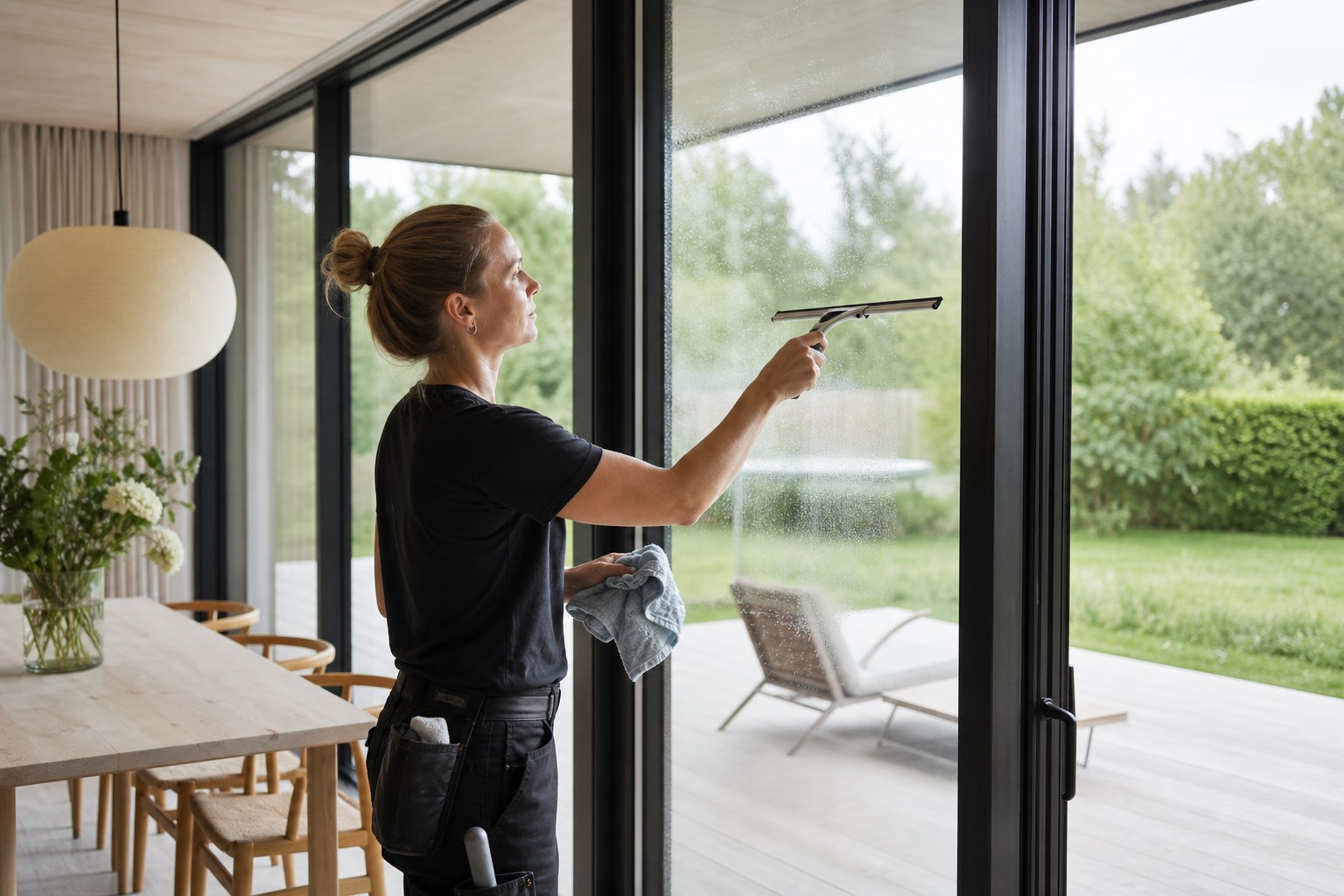 Professionel rengøringsmedarbejder pudser vinduer i et moderne hjem